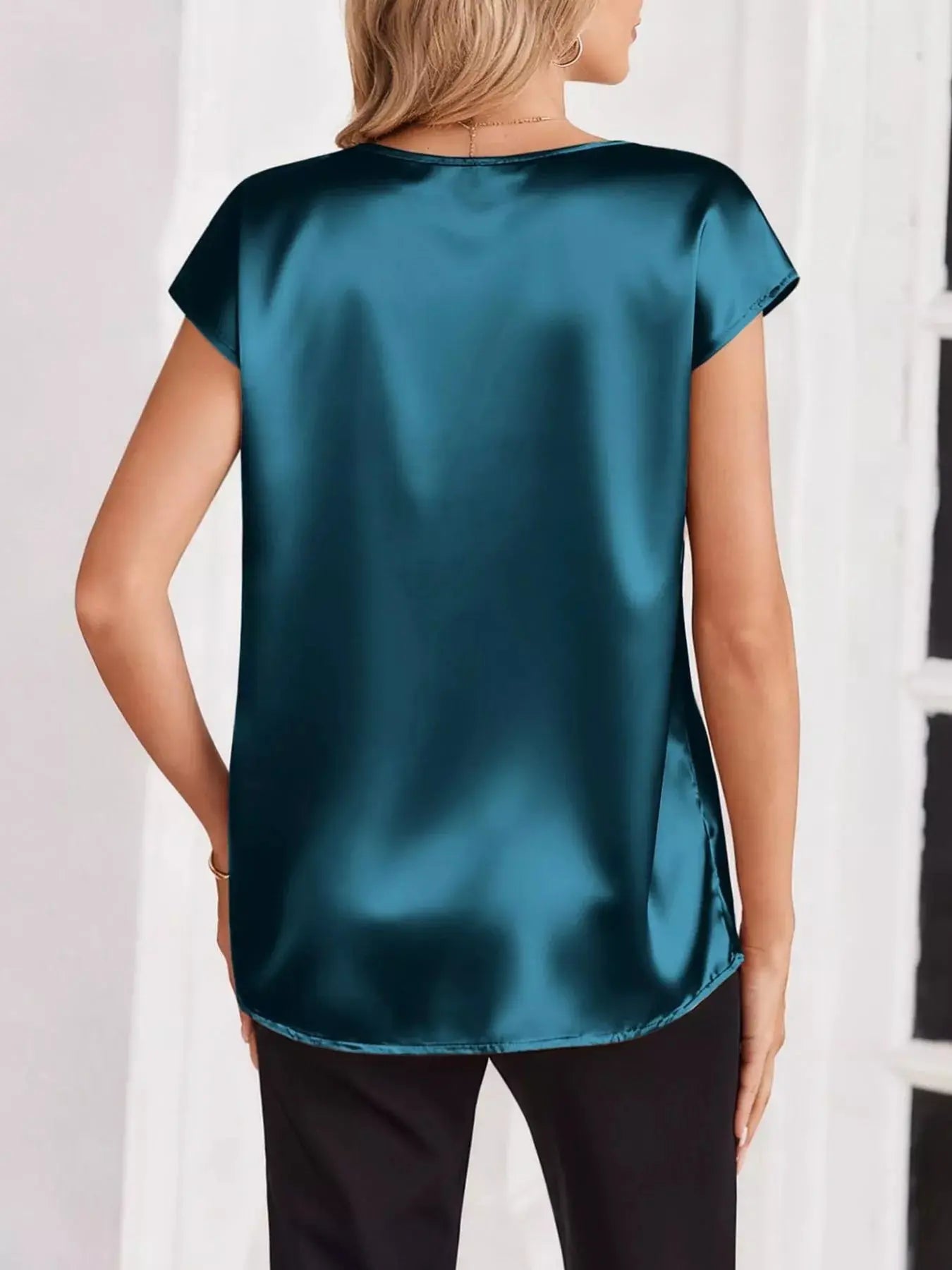 Satin V-Neck Cap Sleeve Blouse  Style Ratio