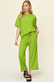 Double Take Texture Round Neck Short Sleeve Shirt and Wide Leg Pants  Style Ratio
