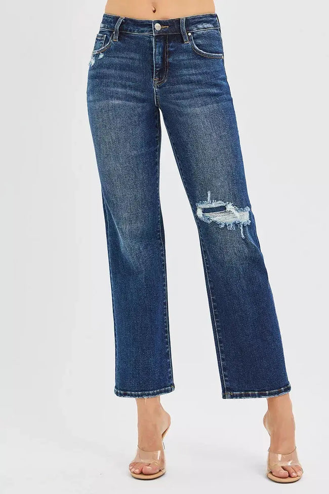 RISEN High Rise Crop Slim Straight Jeans with Hidden Knee Patch  Style Ratio