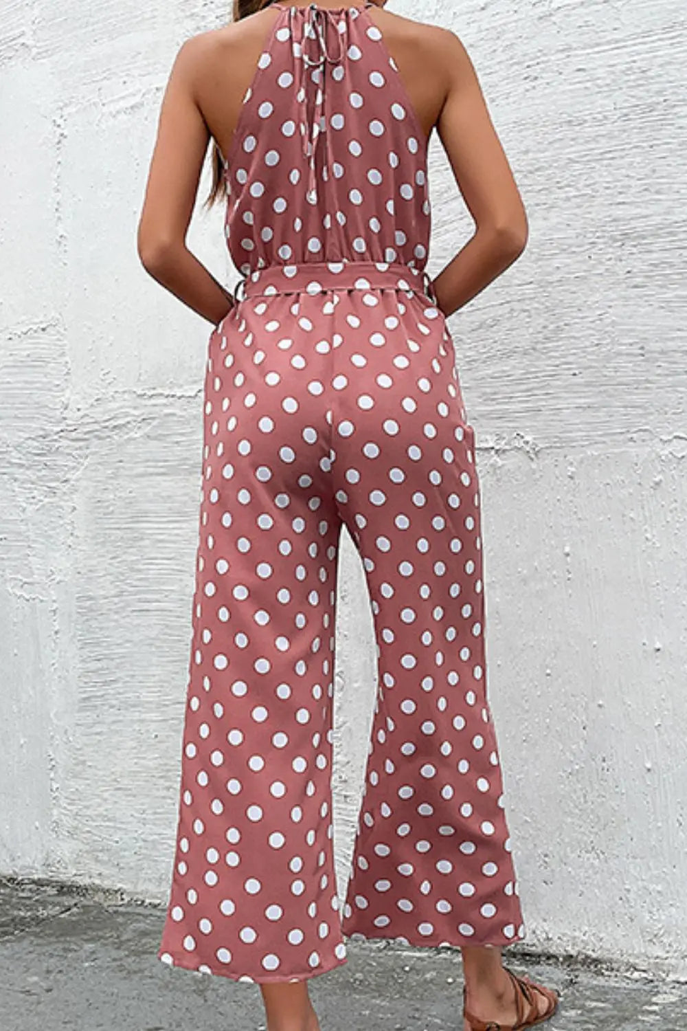Perfee Polka Dot Grecian Wide Leg Jumpsuit  Style Ratio