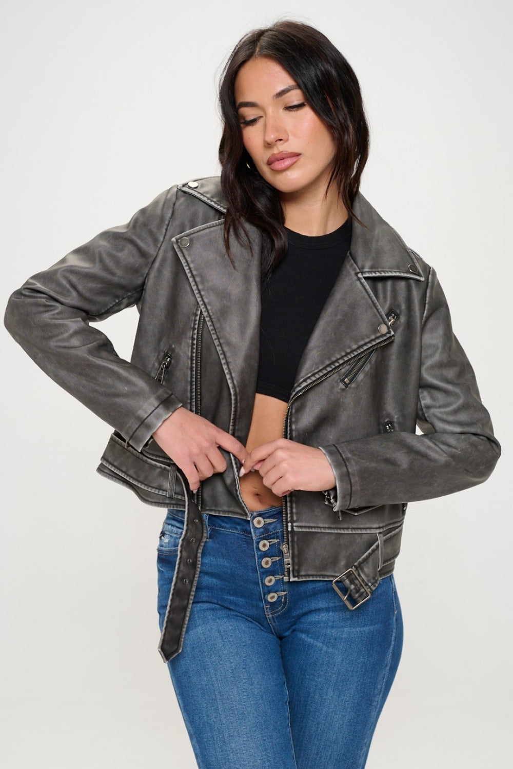 Asymmetrical Zip Up Biker Jacket with Belt