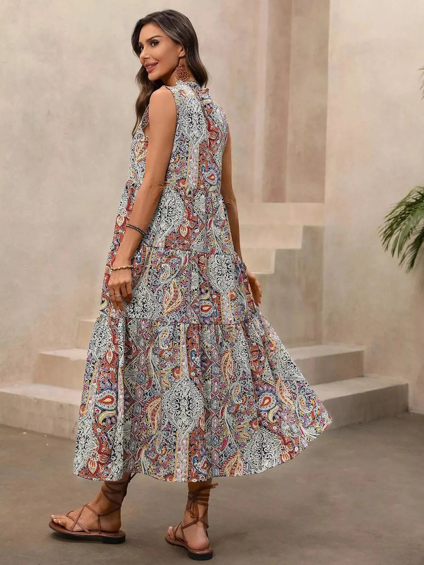 Paisley Print Tie Neck Sleeveless Midi Dress  Style Ratio