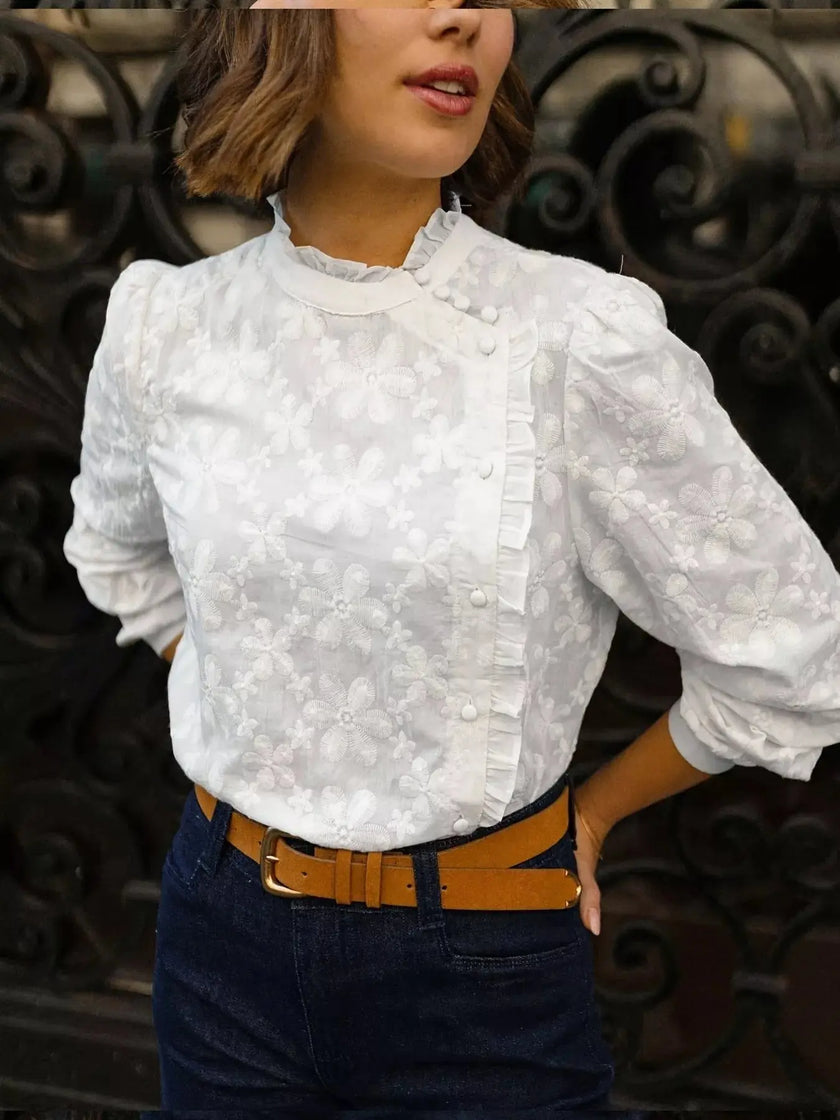 Floral Embroidered Ruffle Trim Top  Style Ratio