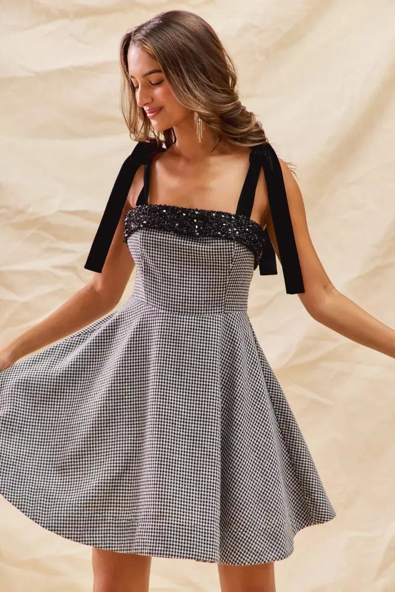 SO ME Houndstooth Fit Flare Mini Dress with Shoulder Tie  Style Ratio