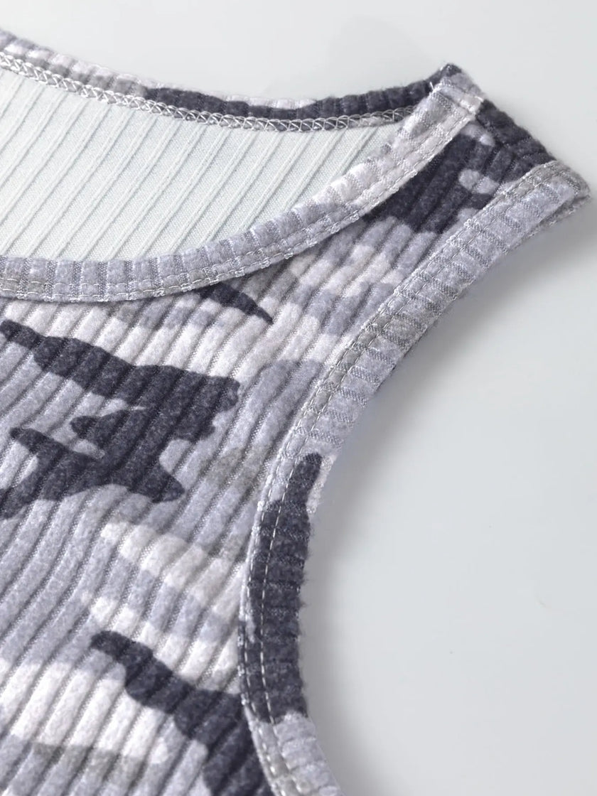 Camouflage Print Ribbed Knit Round Neck Tank Top  Style Ratio