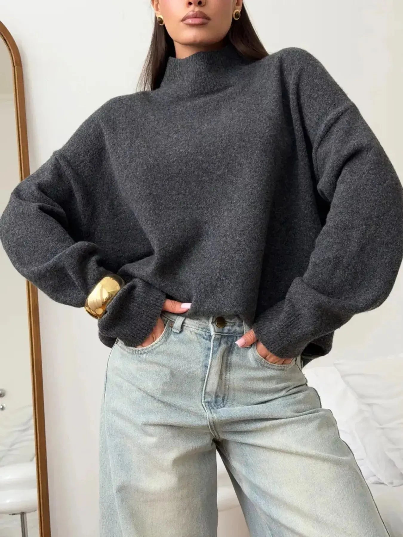 Mock Neck Dropped Shoulder Sweater  Style Ratio