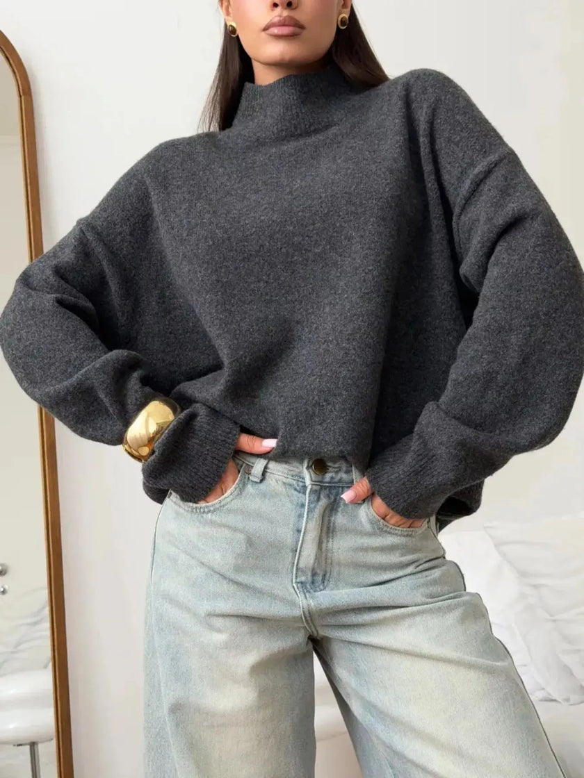 Mock Neck Dropped Shoulder Sweater  Style Ratio