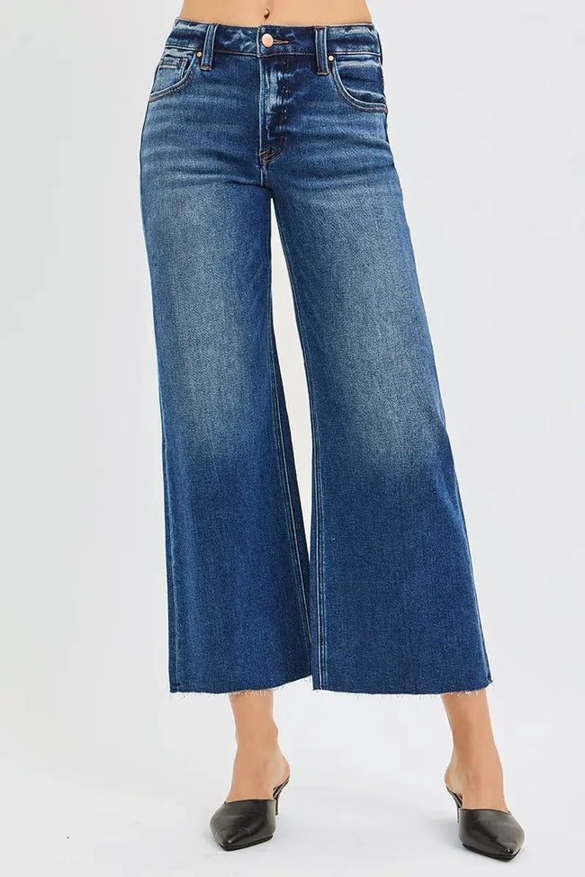 RISEN Full Size Mid Rise Crop Wide Raw Cut Hem Jeans  Style Ratio