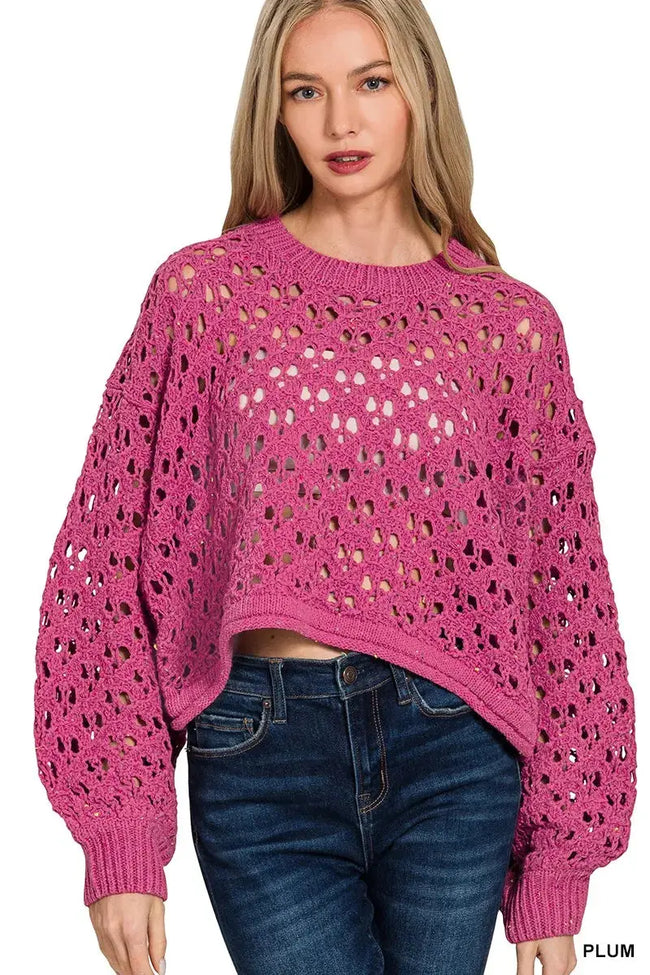 Zenana Oversized Cropped Crochet Knit Sweater  Style Ratio