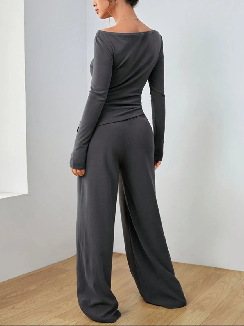 Casual Long Sleeve Top & Wide Leg Pants Set  Style Ratio