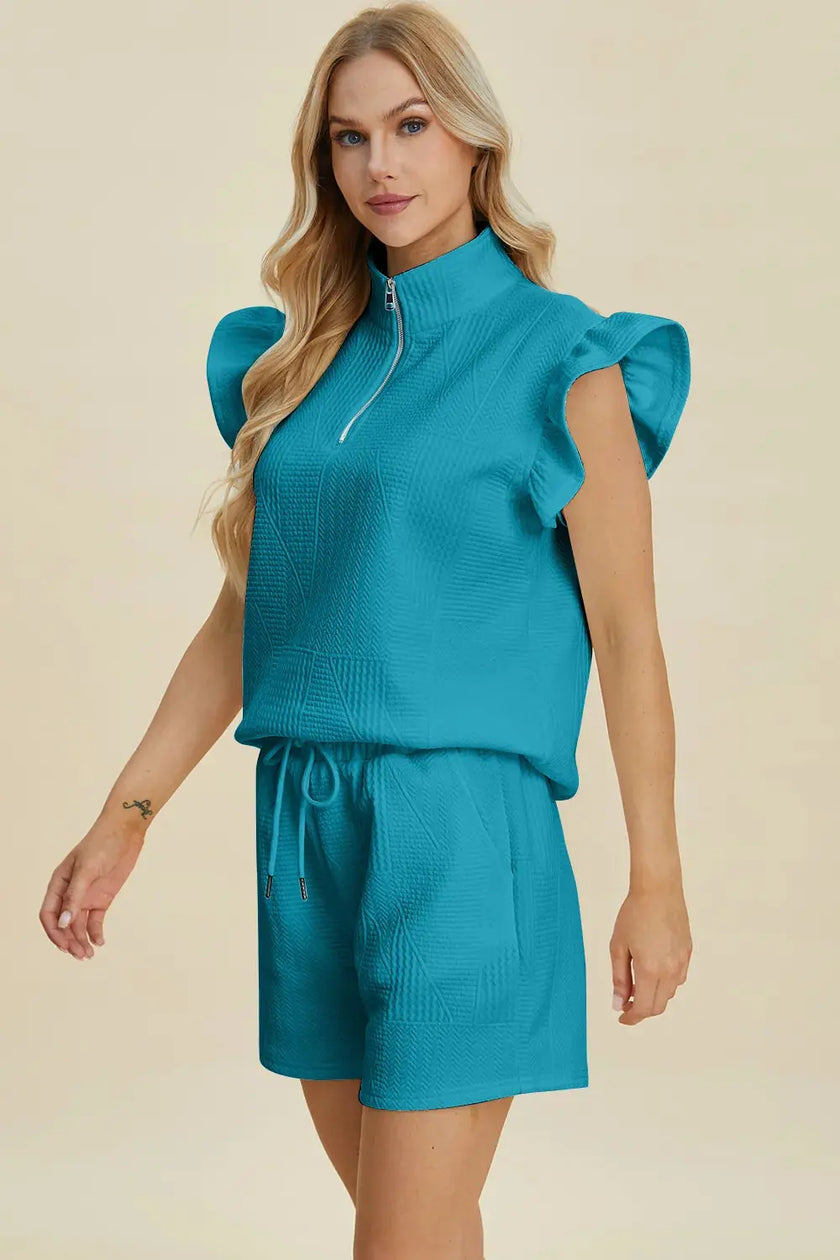 Double Take Full Size Texture Flounce Sleeve Top and Shorts Set  Style Ratio