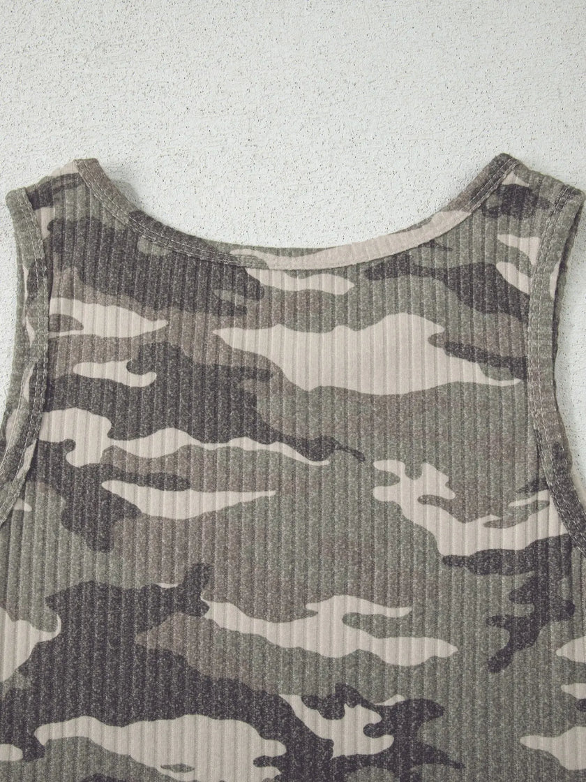 Camouflage Print Ribbed Knit Round Neck Tank Top  Style Ratio