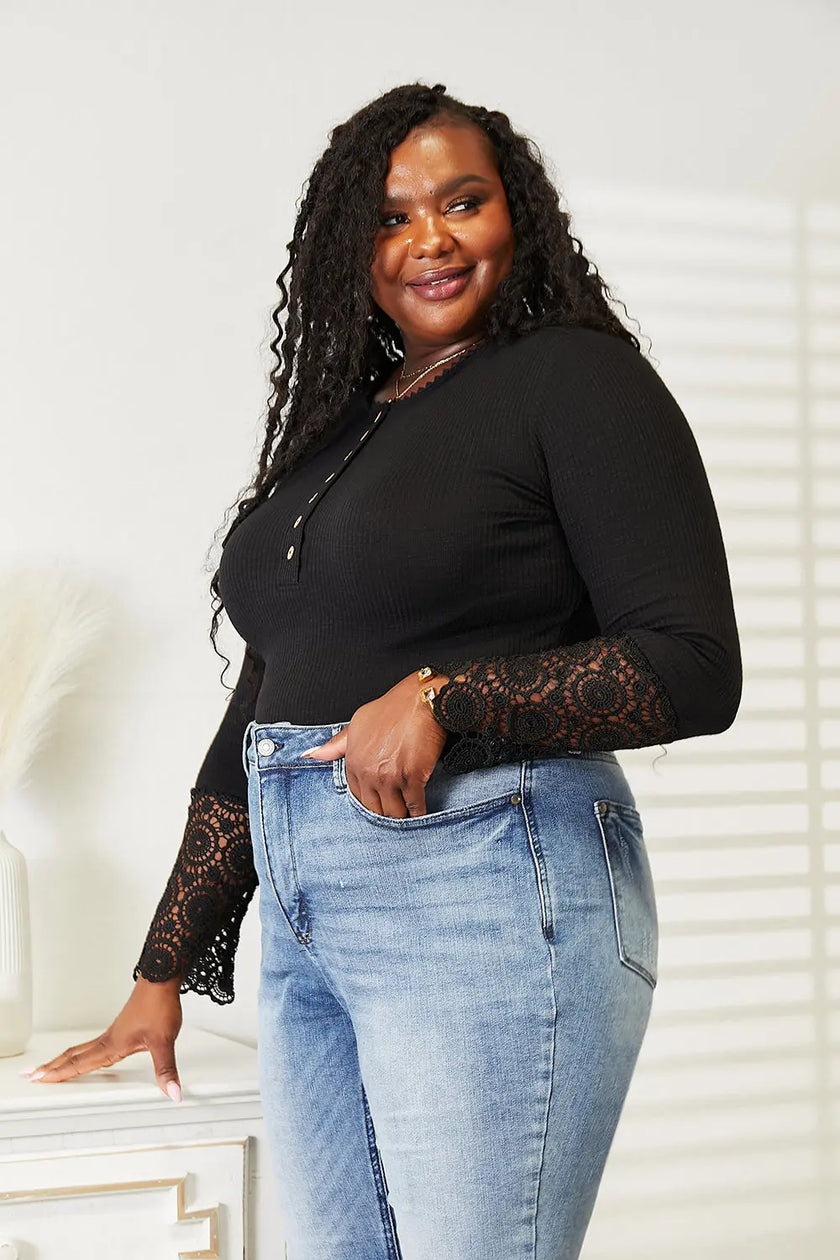 Double Take Crochet Lace Hem Sleeve Button Long Sleeve Top  Style Ratio