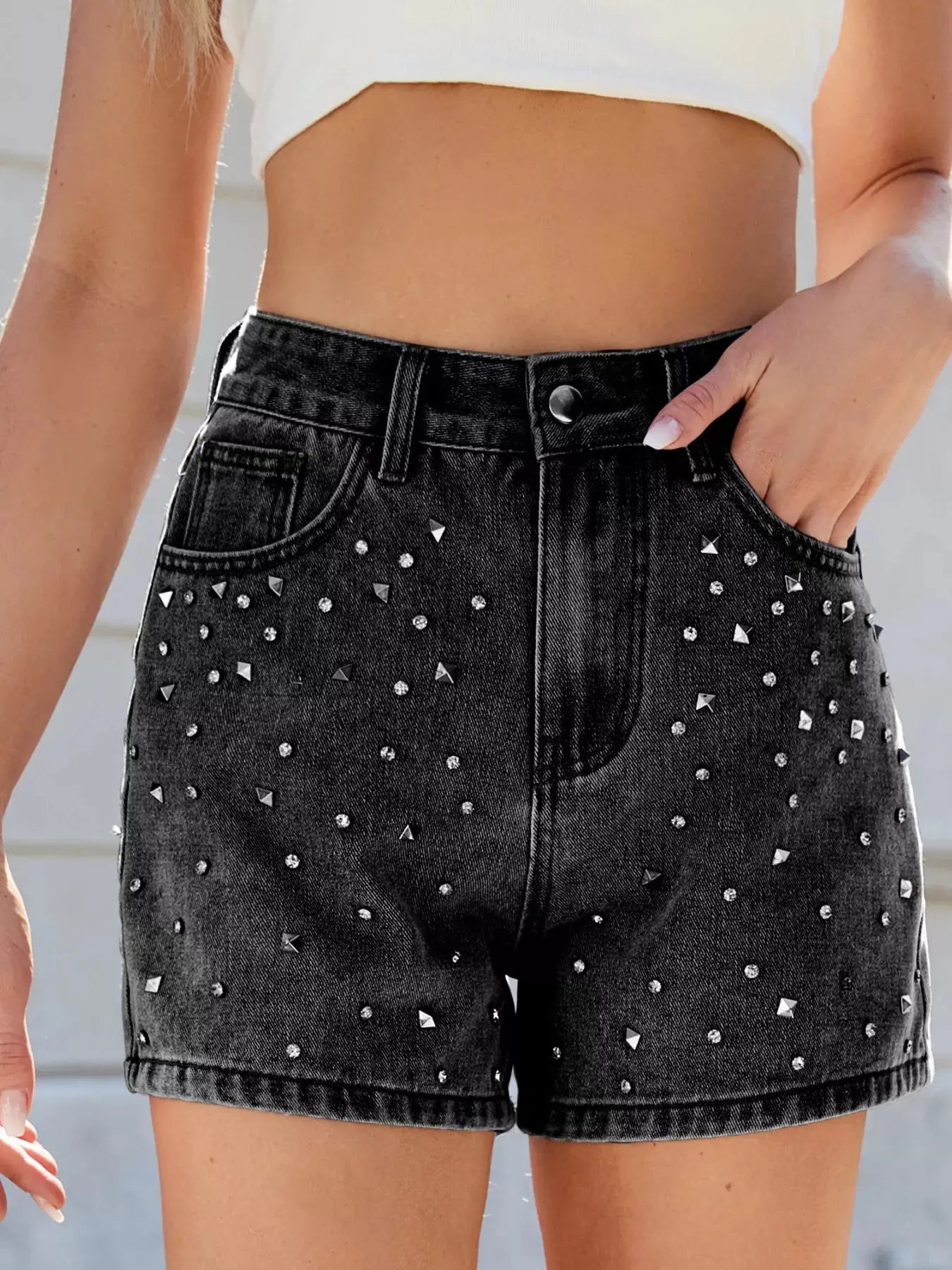 Studded High Waist Denim Shorts  Style Ratio