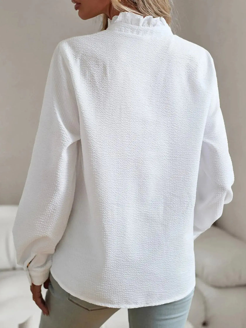 Striped Ruffle Detail Button-Up Blouse  Style Ratio