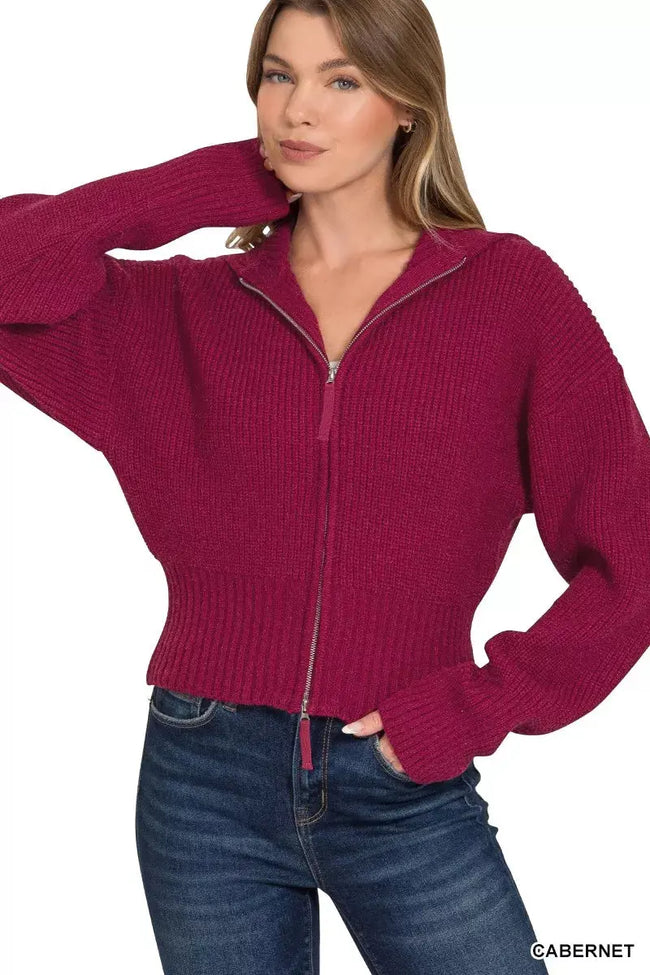 Zenana Ribbed Collared Zip Up Cardigan  Style Ratio