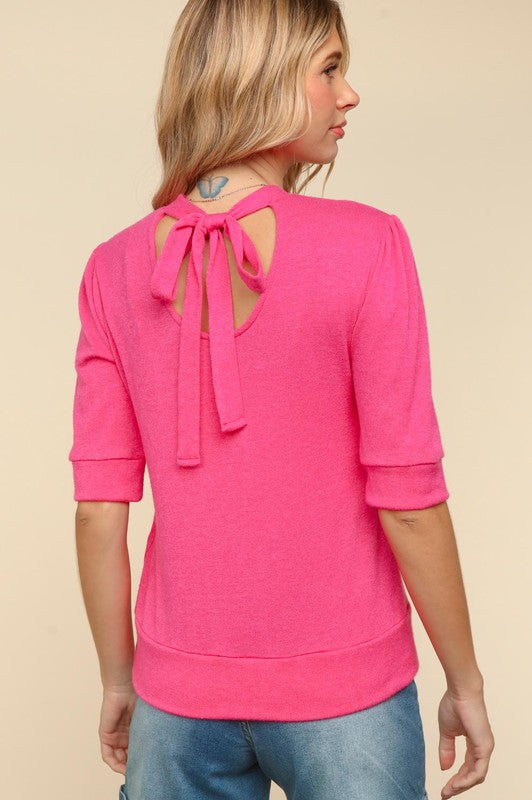 Tied Back Mock Neck Half Sleeve Knit Blouse