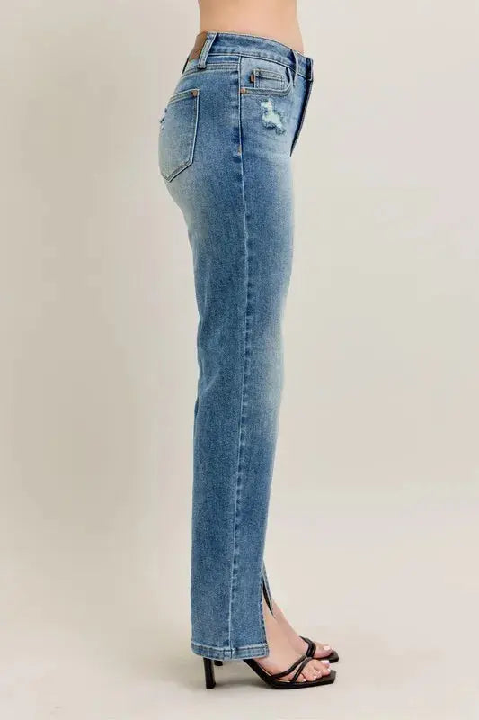 Judy Blue Full Size High Waist Vintage Wash Front Seam & Slit Straight Plus Size  Style Ratio