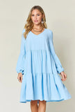 Double Take Full Size V-Neck Balloon Sleeve Tiered Dress with Pockets  Style Ratio