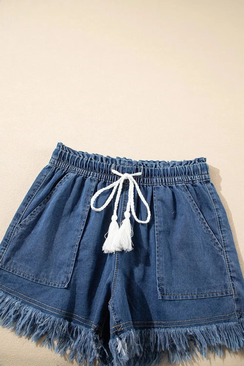 Raw Hem Drawstring High Waist Denim Shorts with Pockets  Style Ratio