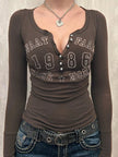 Letter Graphic Button Detail Long Sleeve Shirt  Style Ratio