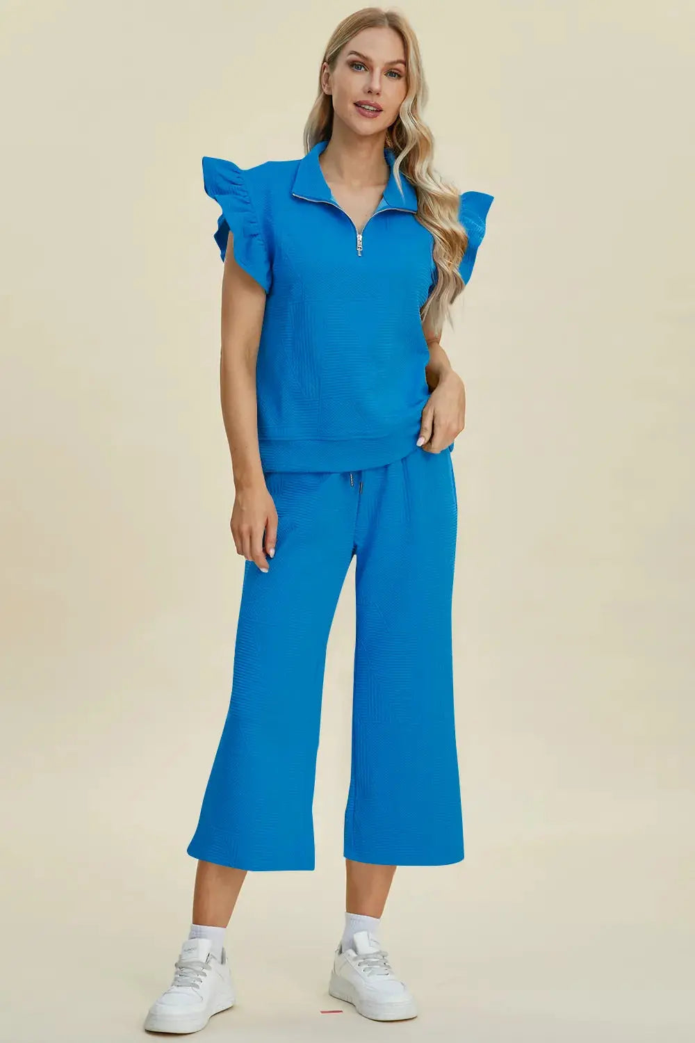 Double Take Full Size Texture Ruffle Short Sleeve Top and Wide Leg Pants Set  Style Ratio