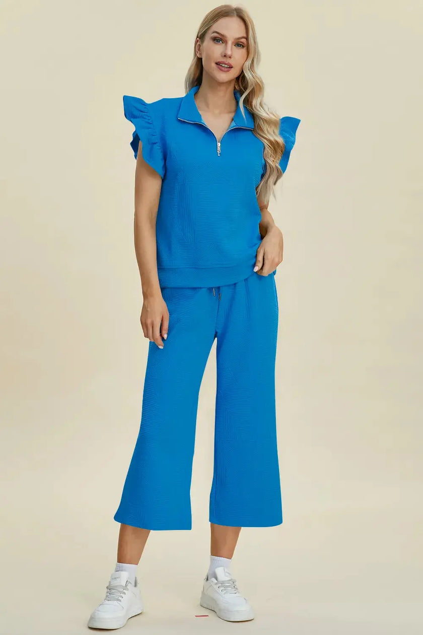 Double Take Full Size Texture Ruffle Short Sleeve Top and Wide Leg Pants Set  Style Ratio
