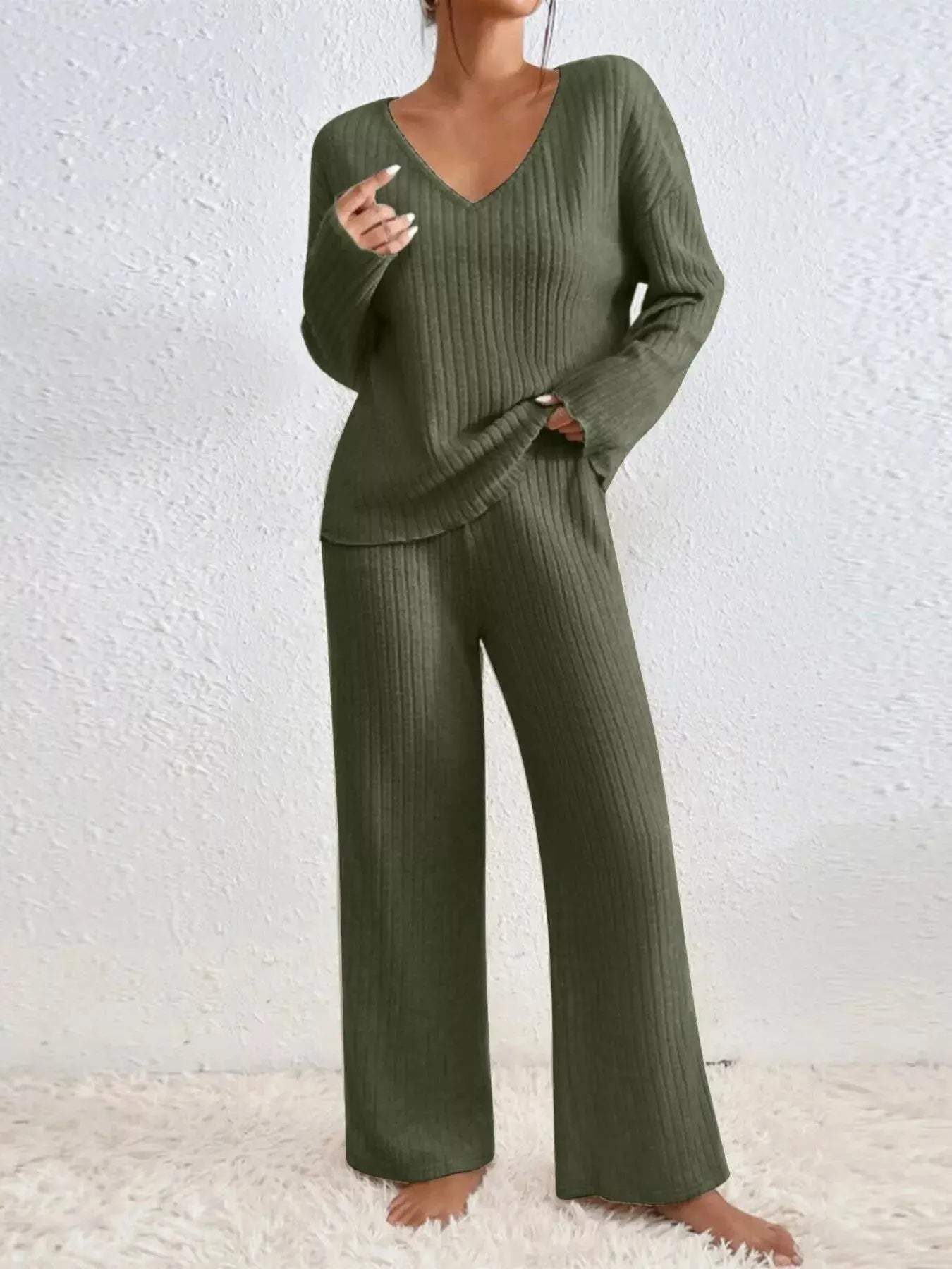 Ribbed V-Neck Top and Pants Loungewear  Style Ratio