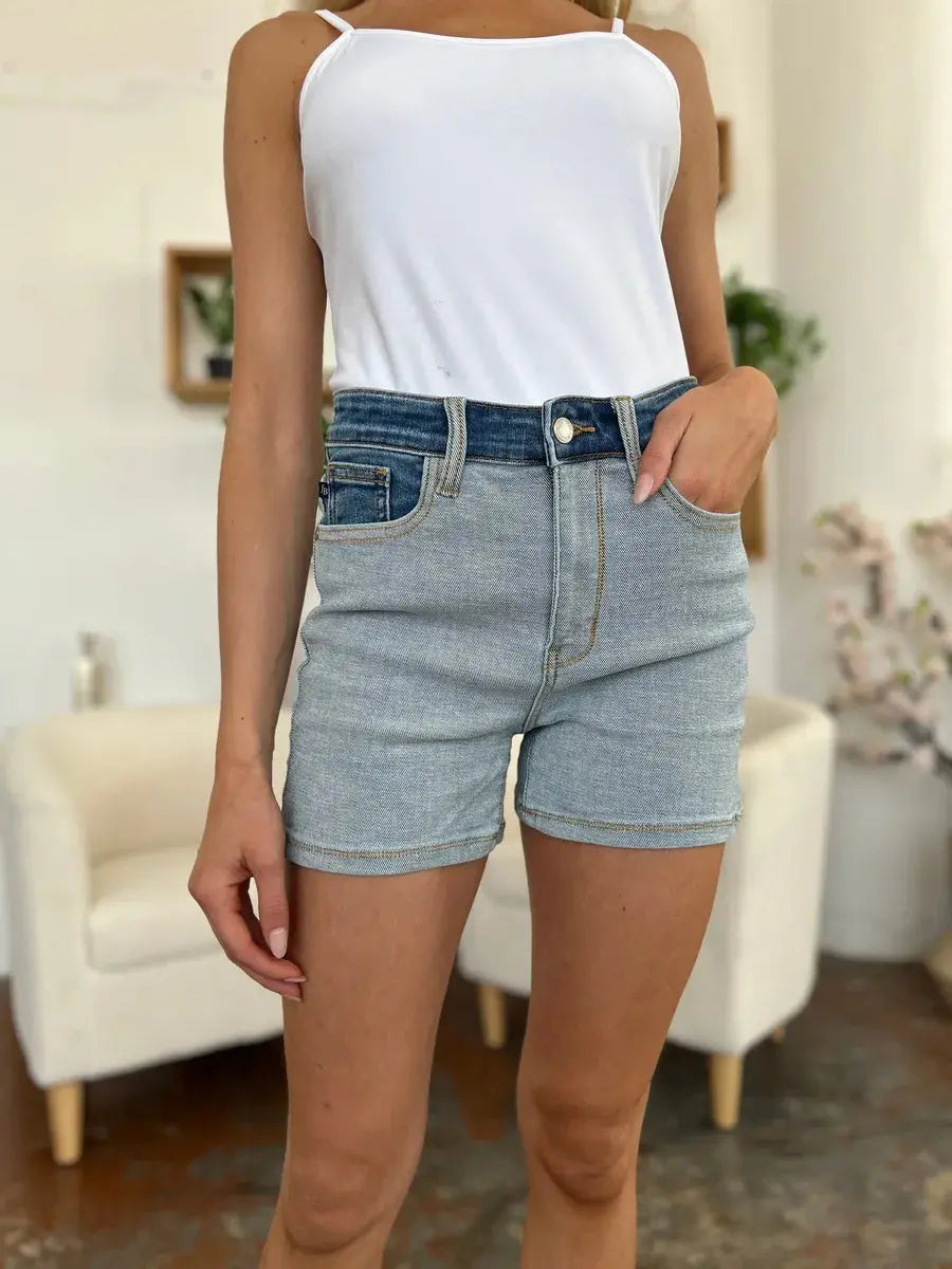 Judy Blue Full Size Color Block Denim Shorts  Style Ratio