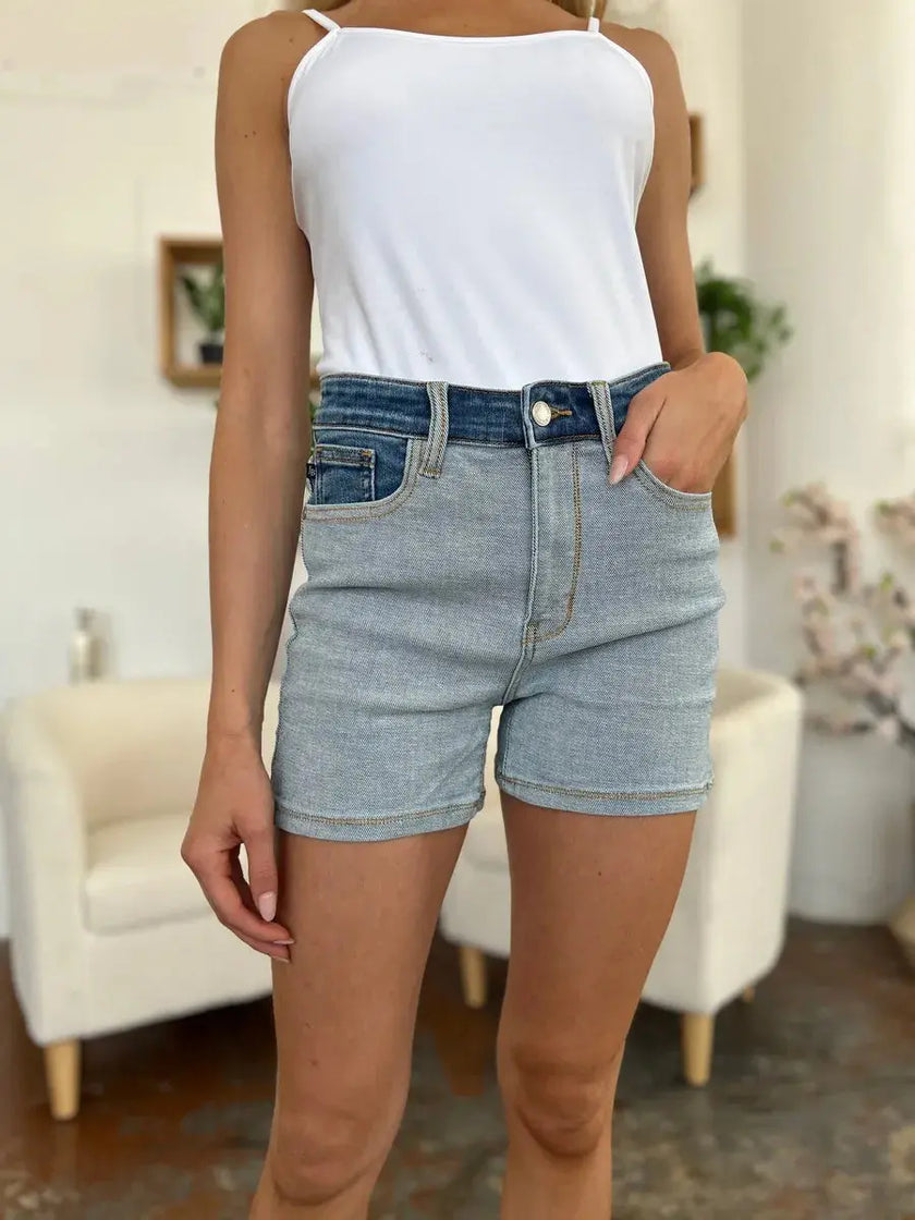 Judy Blue Full Size Color Block Denim Shorts  Style Ratio