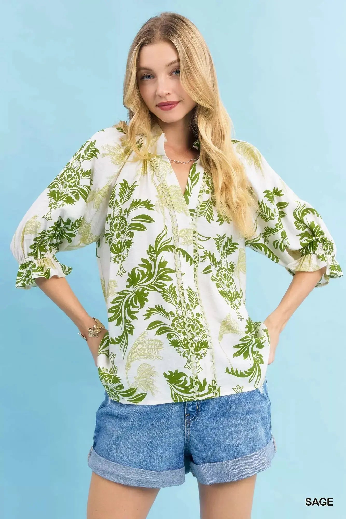 Umgee Leafy Damask Print Blouse with Contrast Scalloped Trim Detail  Style Ratio