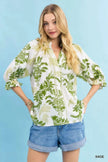 Umgee Leafy Damask Print Blouse with Contrast Scalloped Trim Detail  Style Ratio