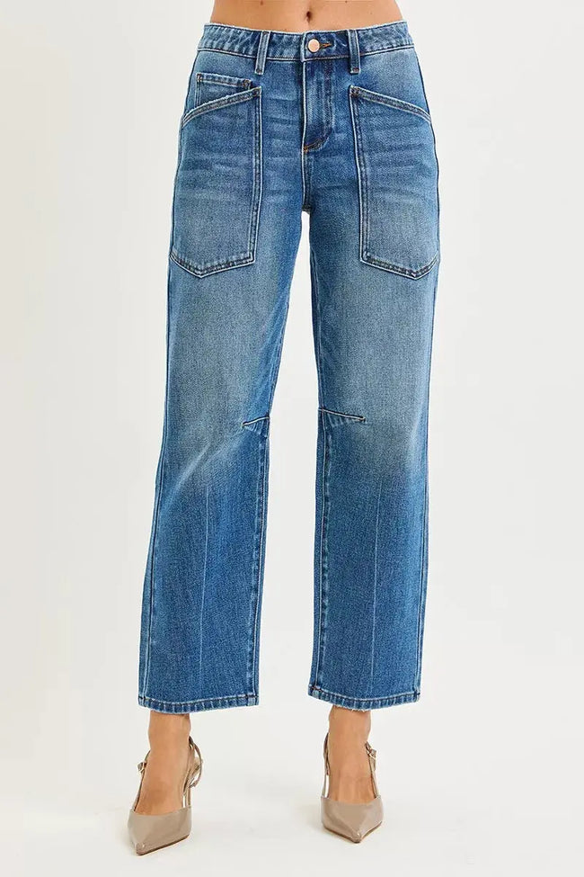 RISEN 4 Way Stretch Mid Rise Barrel Jeans with Patch Pocket Detail  Style Ratio