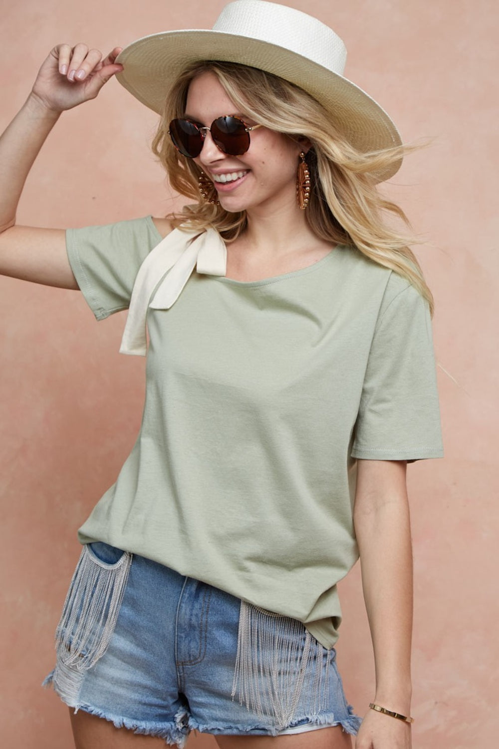 Tied Ribbon One Shoulder Short Sleeve Shirt