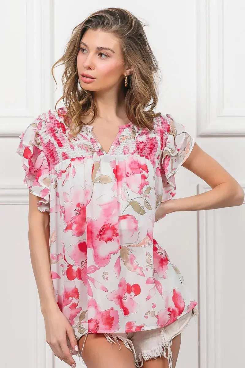 BiBi Floral Print Flutter Sheer Blouse  Style Ratio