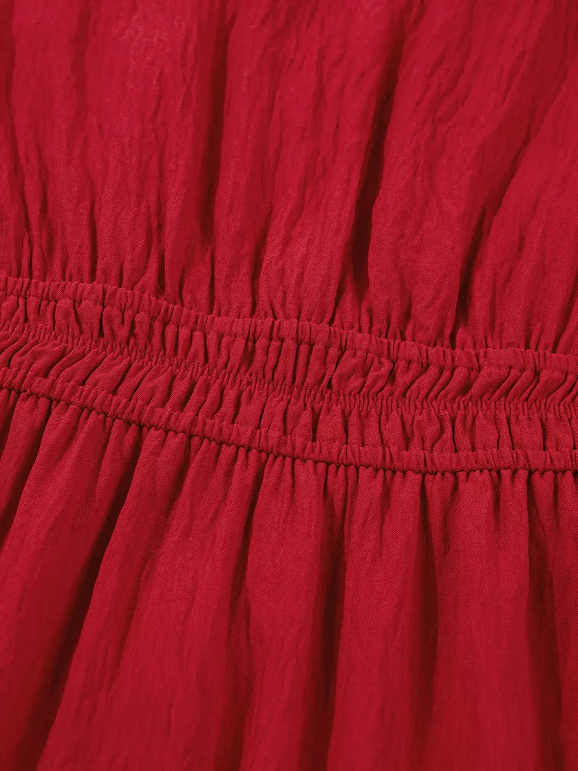 Contrast Embroidered Detail Cinched Waist Tiered Long Sleeve Maxi Dress  Style Ratio