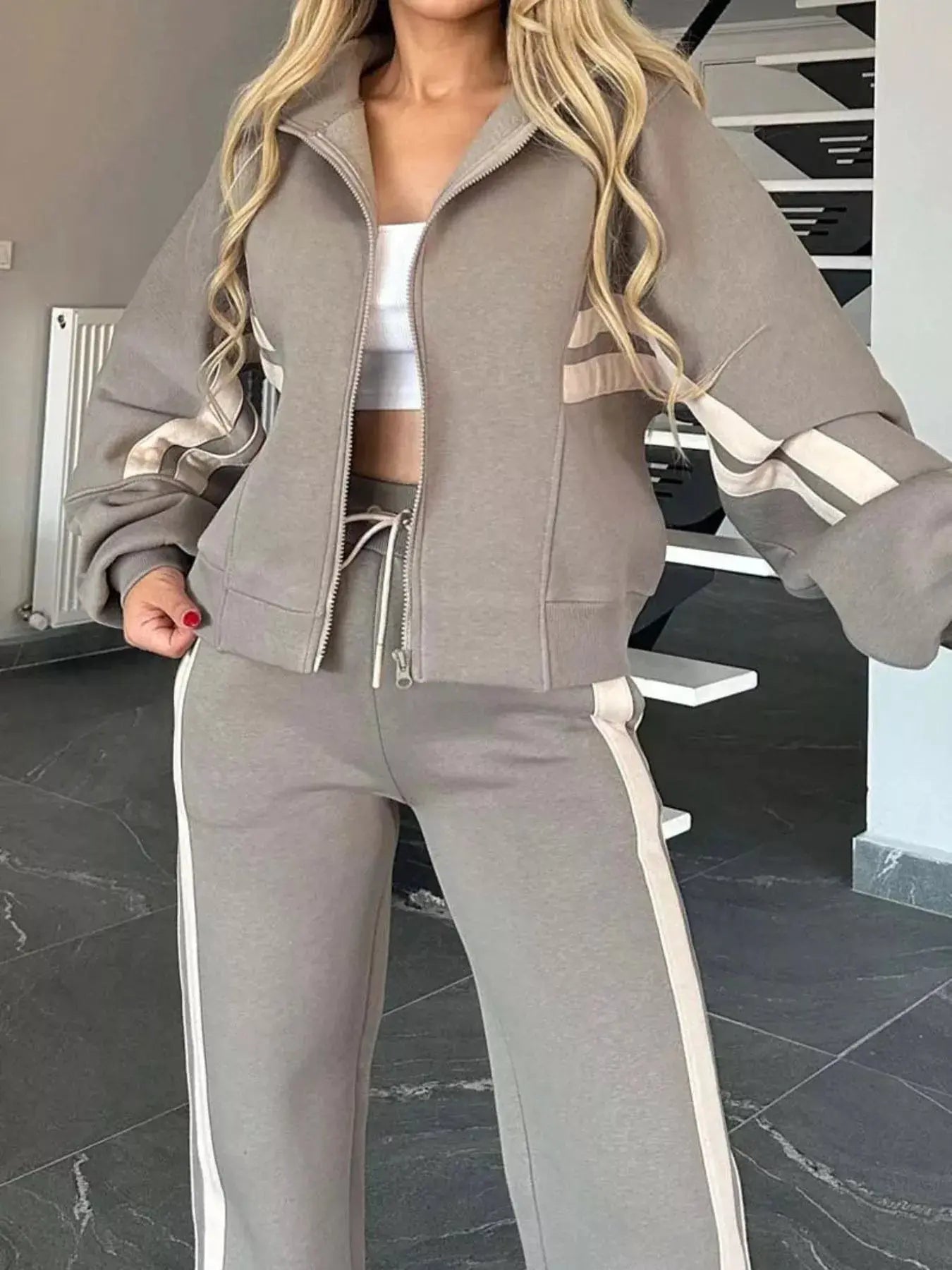 Full Size Contrast Stripe Zip Up Jacket and Pants Set  Style Ratio