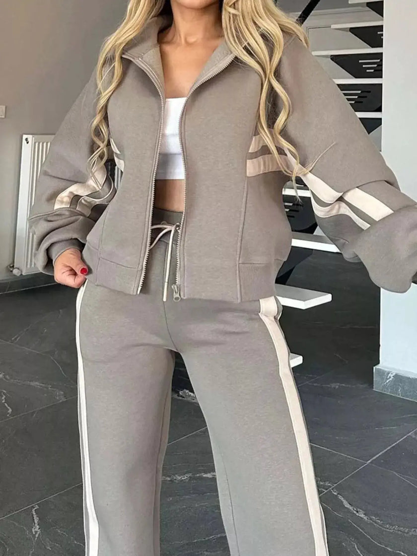 Full Size Contrast Stripe Zip Up Jacket and Pants Set  Style Ratio