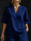 Full Size Notched Half Sleeve Top and Shorts Set  Style Ratio