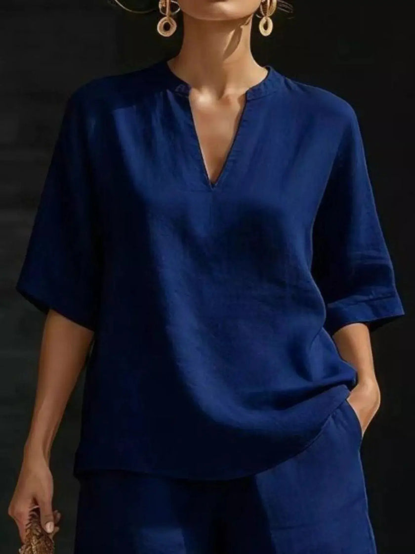 Full Size Notched Half Sleeve Top and Shorts Set  Style Ratio