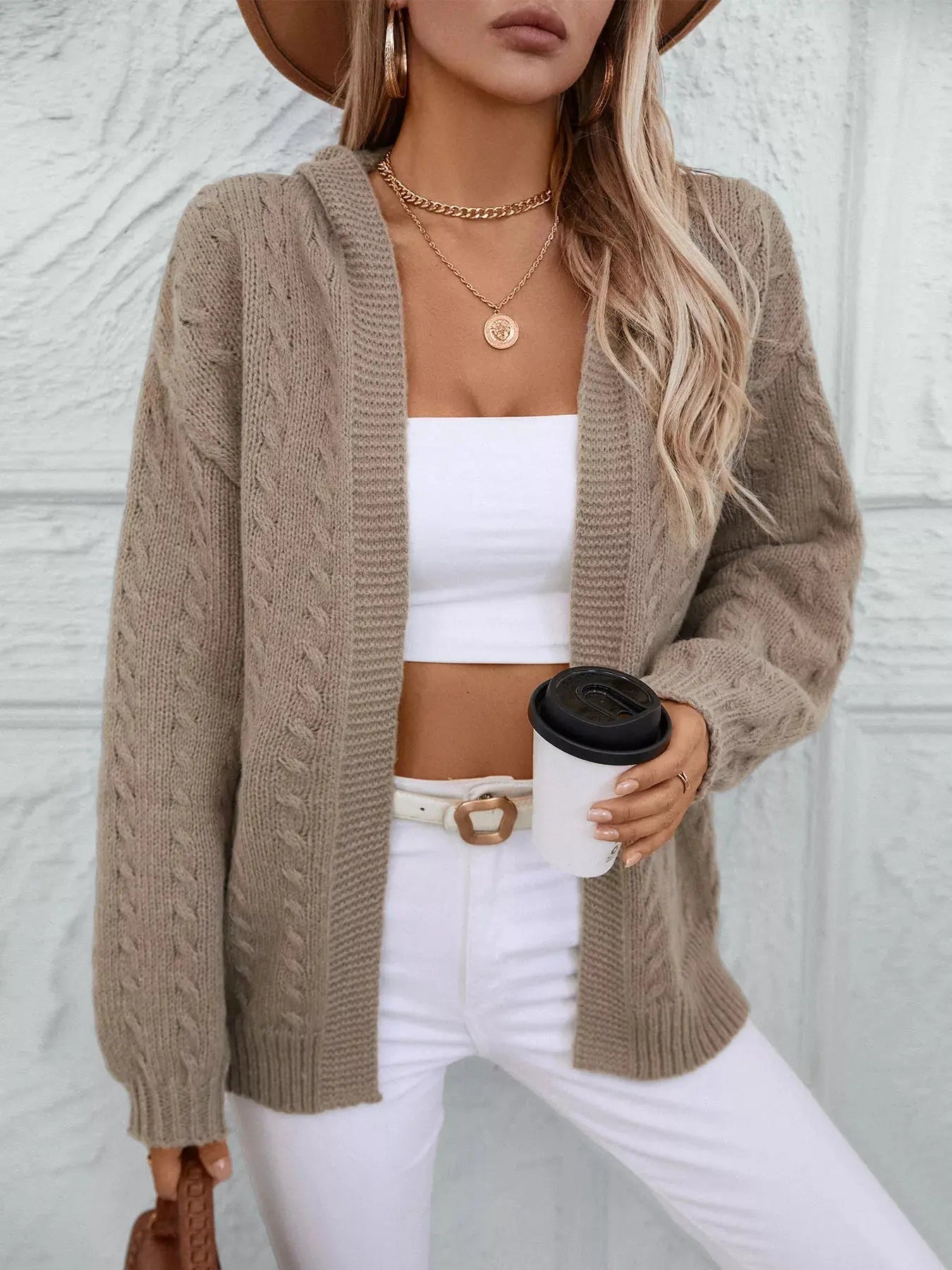 Cable Knit Open Front Hooded Cardigan  Style Ratio