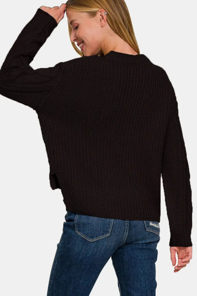 Zenana Cropped High Low Cable Sweater with Side Slits  Style Ratio