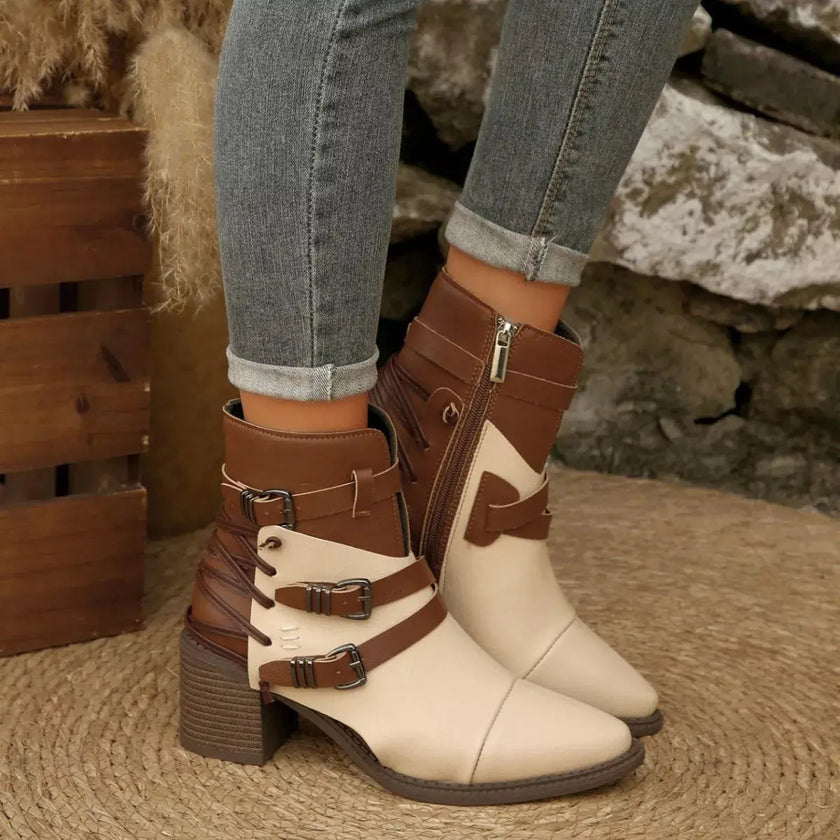 Point Toe Buckle Strap Ankle Boots with Block Heels  Style Ratio