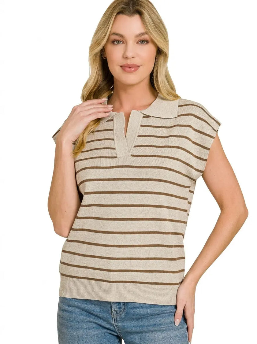 Zenana Viscose Striped Collared Sweater  Style Ratio