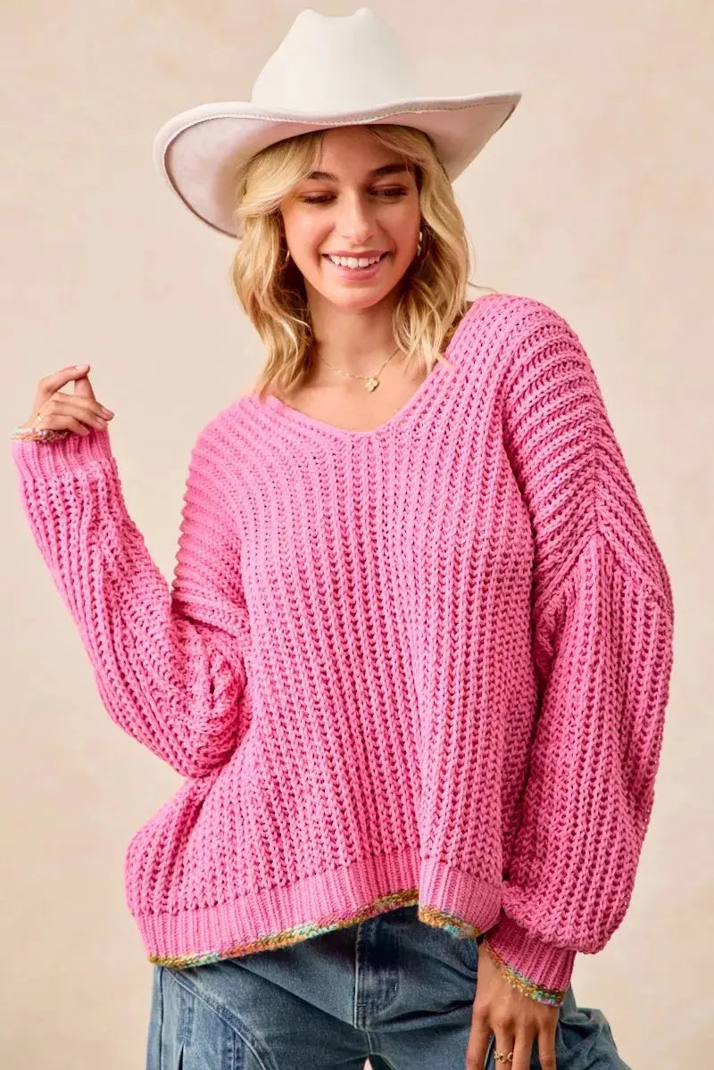 BiBi V Neck Sweater with Colorful Trim  Style Ratio