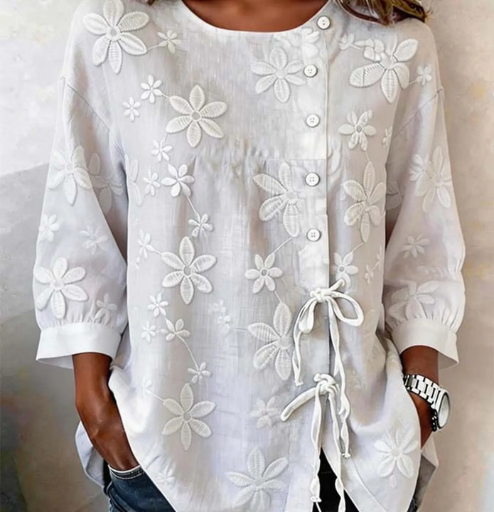 Full Size Floral Embroidered Button-Down Shirt  Style Ratio