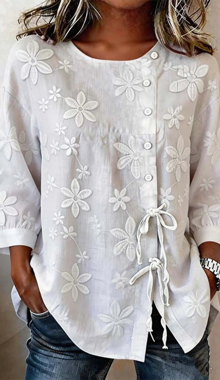 Full Size Floral Embroidered Button-Down Shirt  Style Ratio
