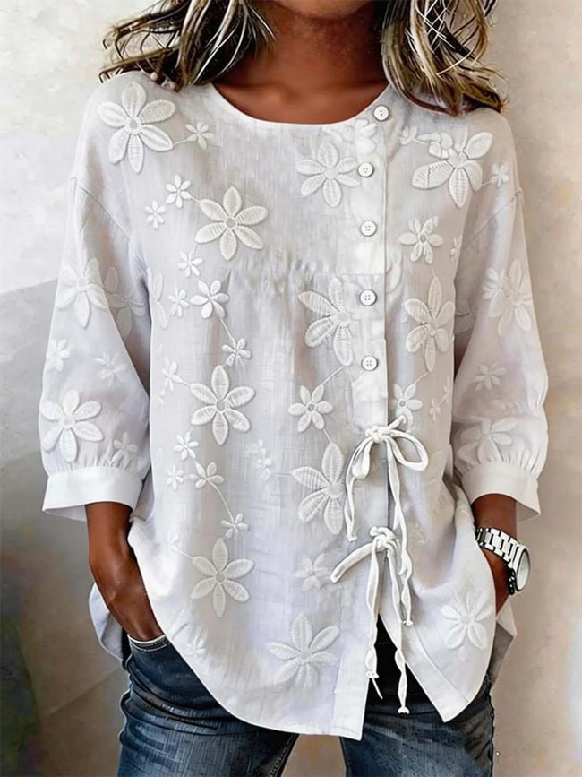 Full Size Floral Embroidered Button-Down Shirt  Style Ratio