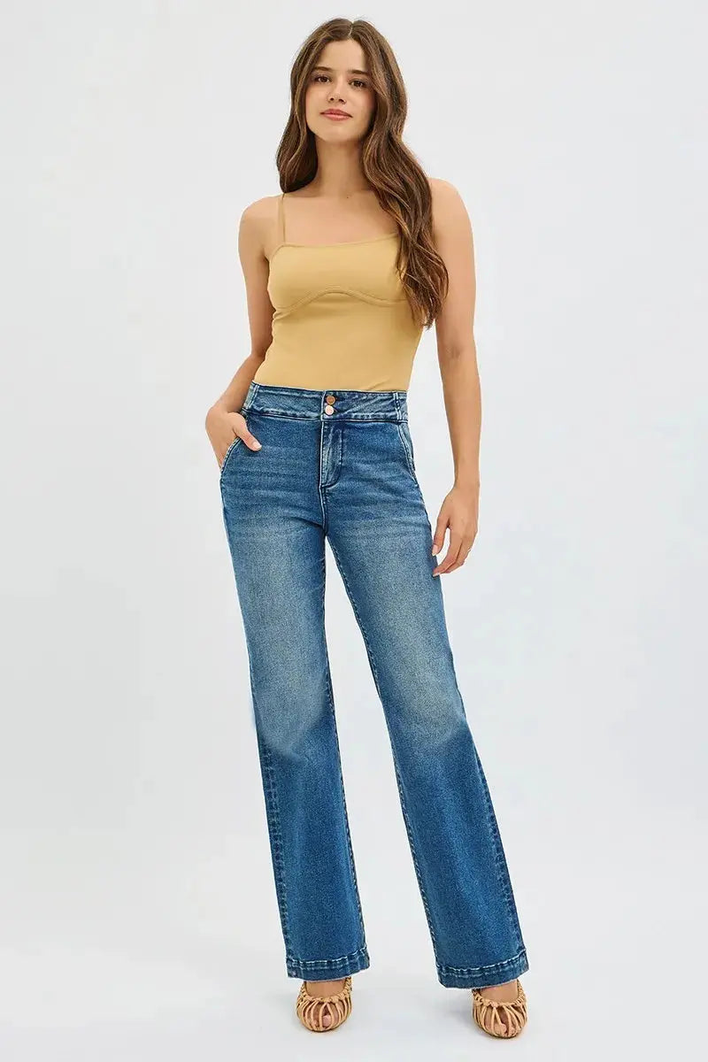 RISEN Full Size Tummy Control High Rise Bootcut Jeans with Double Button Waistband  Style Ratio