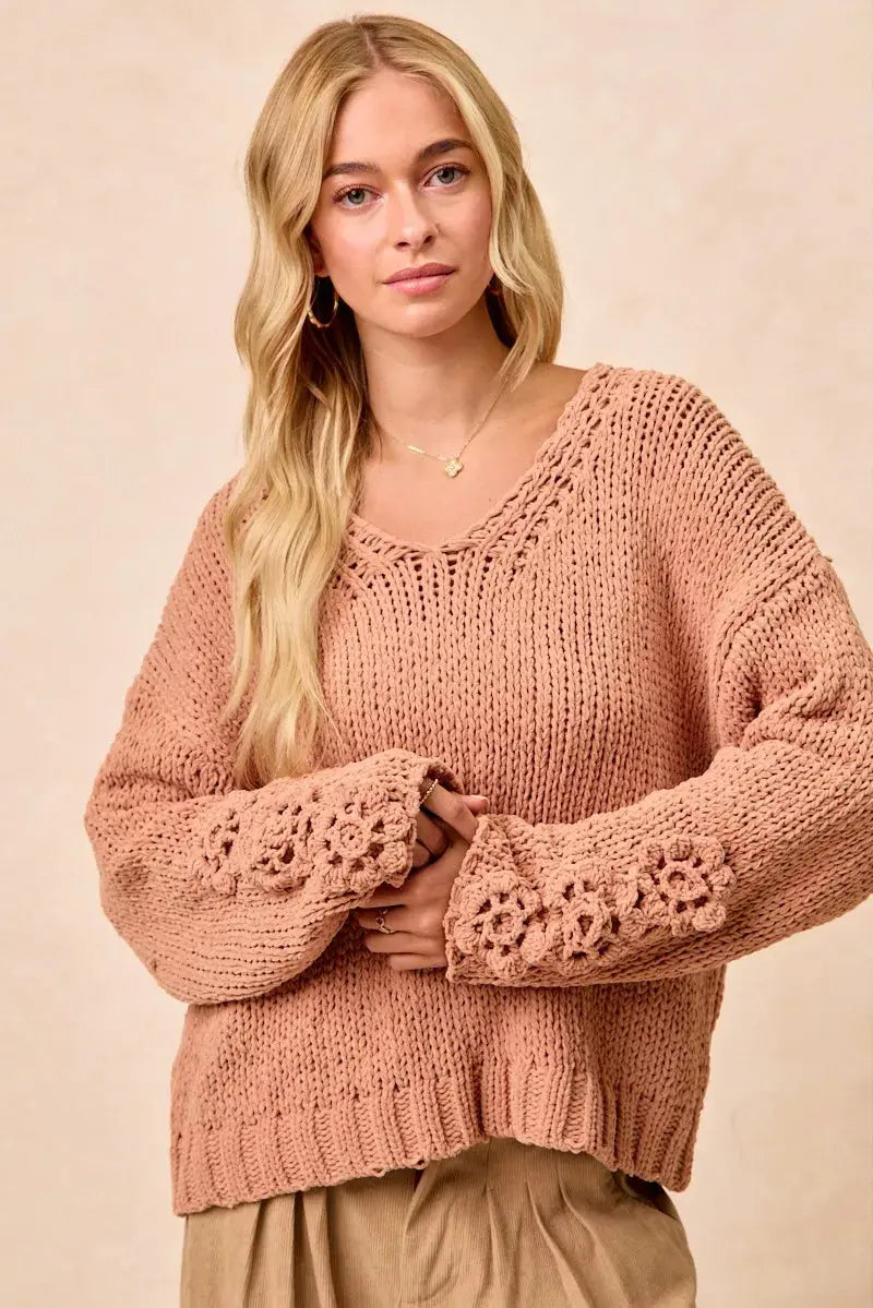 BiBi Chunky Knit Sweater with Flower Detail Sleeves  Style Ratio